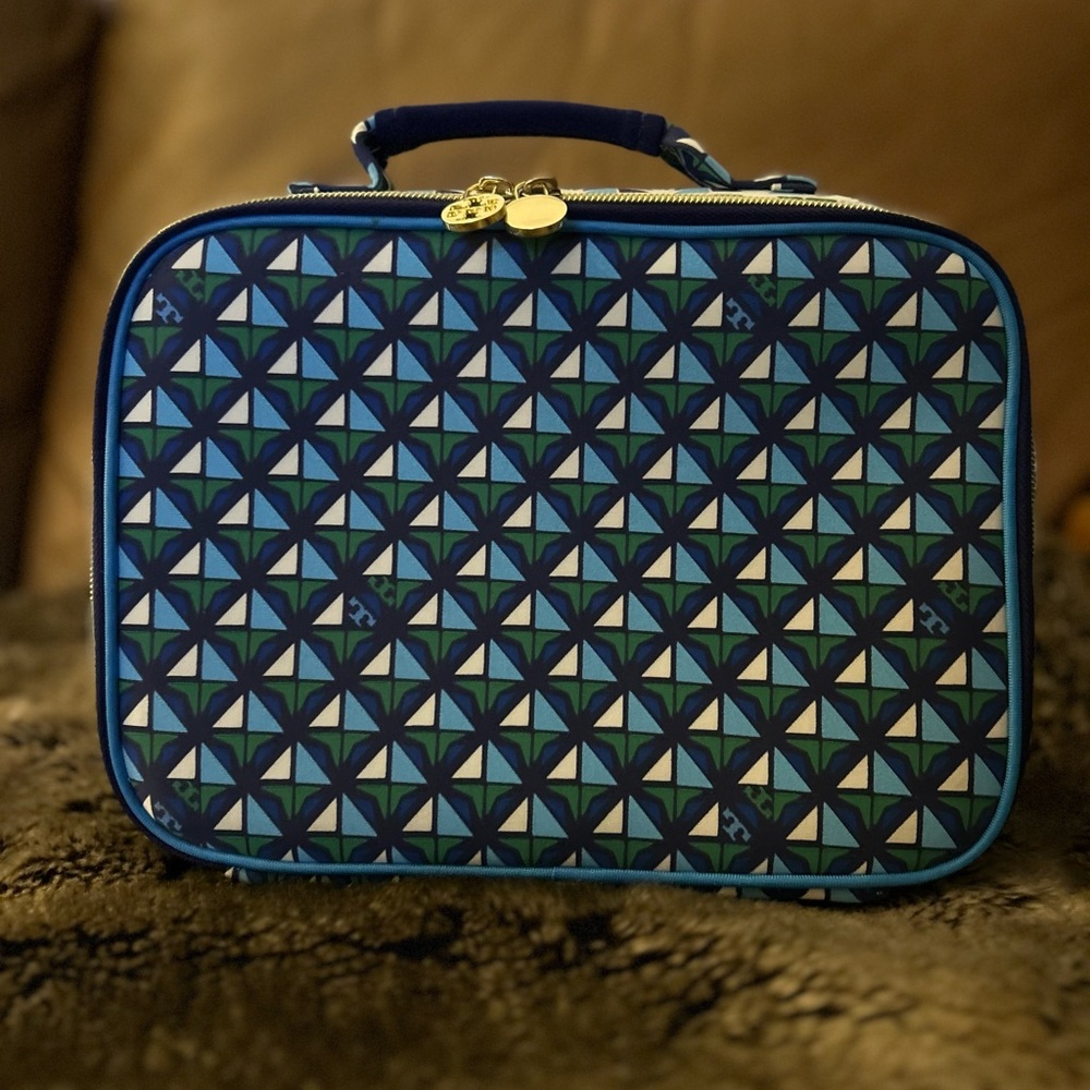 Tory Burch Blue Green Geometric Cosmetic Case
